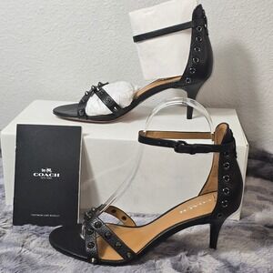 NWB Coach May Polished Pebble Black Studded Kitten Heel Sandals Women Size 5